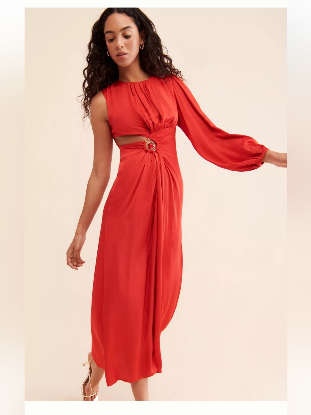 Farm Rio Size Large Red One-Shoulder Long Sleeve Maxi Dress